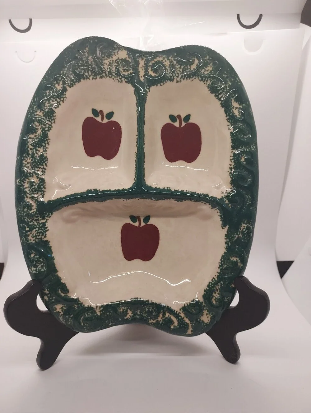 Vintage Green Stoneware Apple Sponeware 3-Part Divided Relish Tray Dish